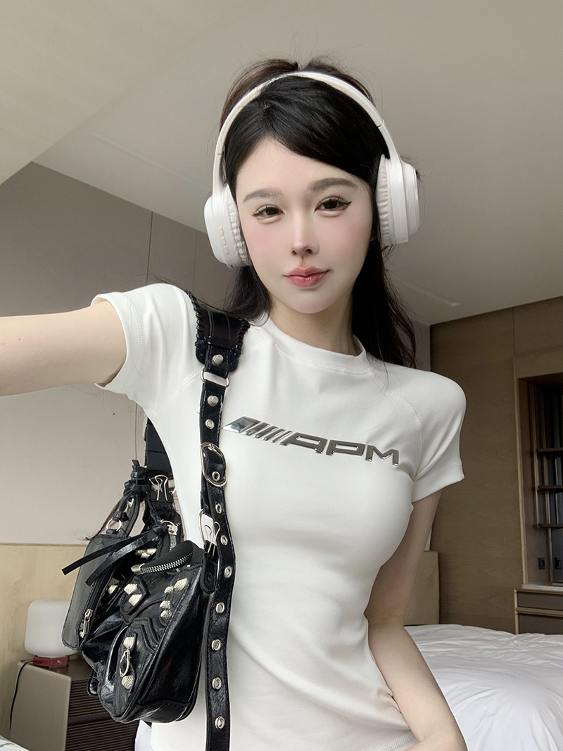 實拍 液態金屬印花短袖t恤女美式復古辣妹緊身短款插肩袖上衣
