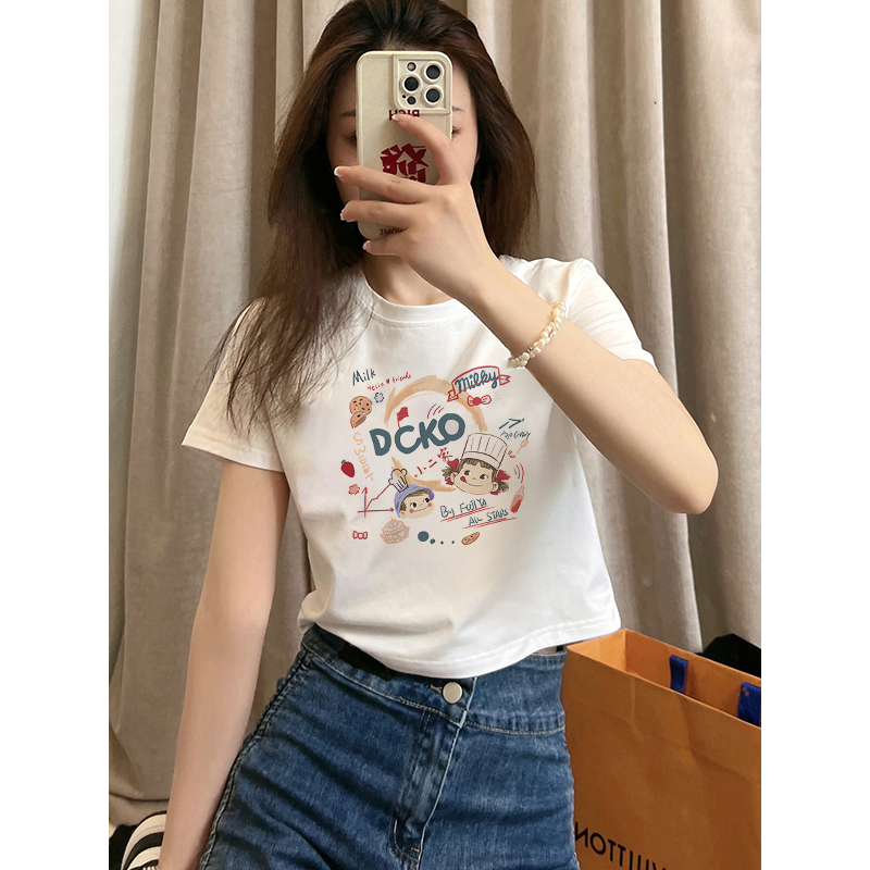 不二家短袖t恤女夏小個子高腰韓版寬鬆設計感短款露臍上衣