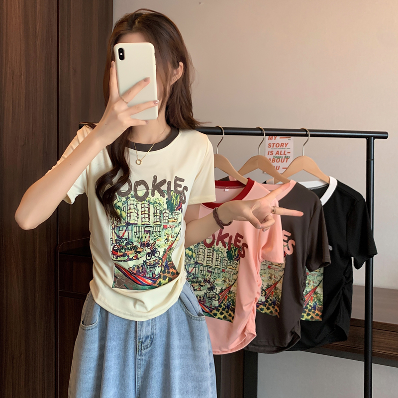 實拍大碼印花藝術繪畫圓領t恤夏女新短袖正肩遮肉百搭顯瘦上衣