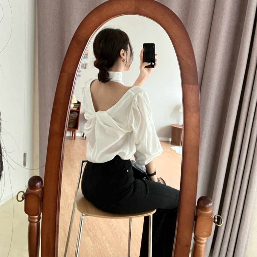 Korean ins French niche design square collar knot backless versatile reversible puff sleeve shirt