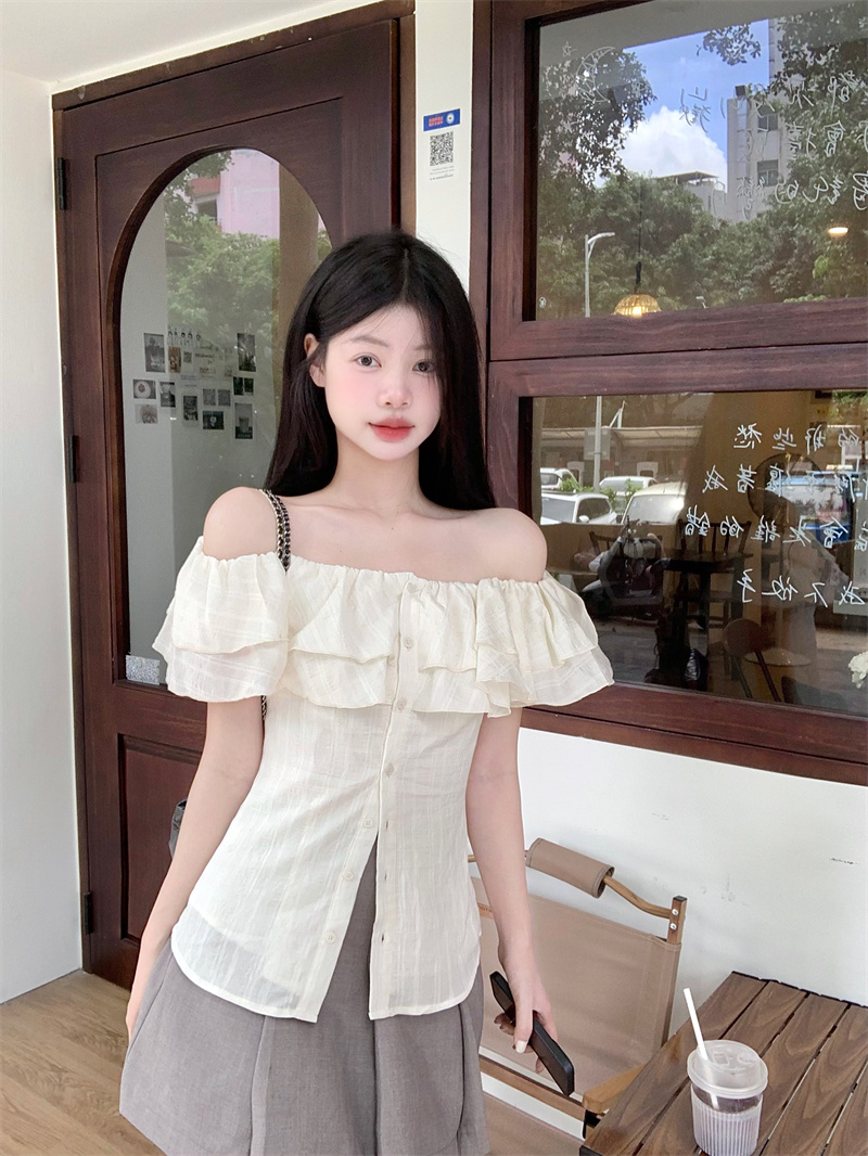 Official picture of French ruffled one-shoulder shirt for women, summer waist slimming, pinch waist, niche design, off-the-shoulder top