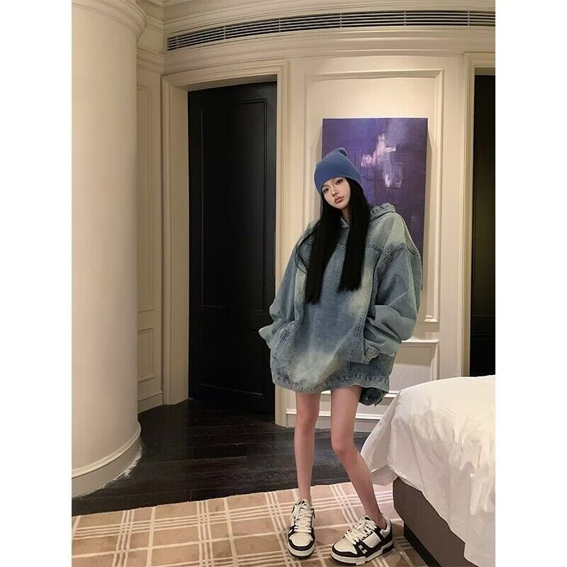 藍色牛仔外套女春季新款復古辣妹寬鬆連帽上衣慵懶風長袖衛衣