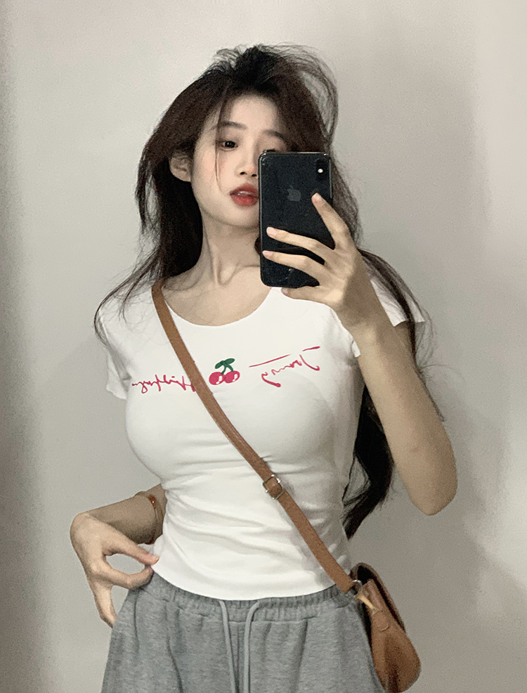 實拍~純欲風波邊修身顯瘦短款印花短袖T恤女上衣