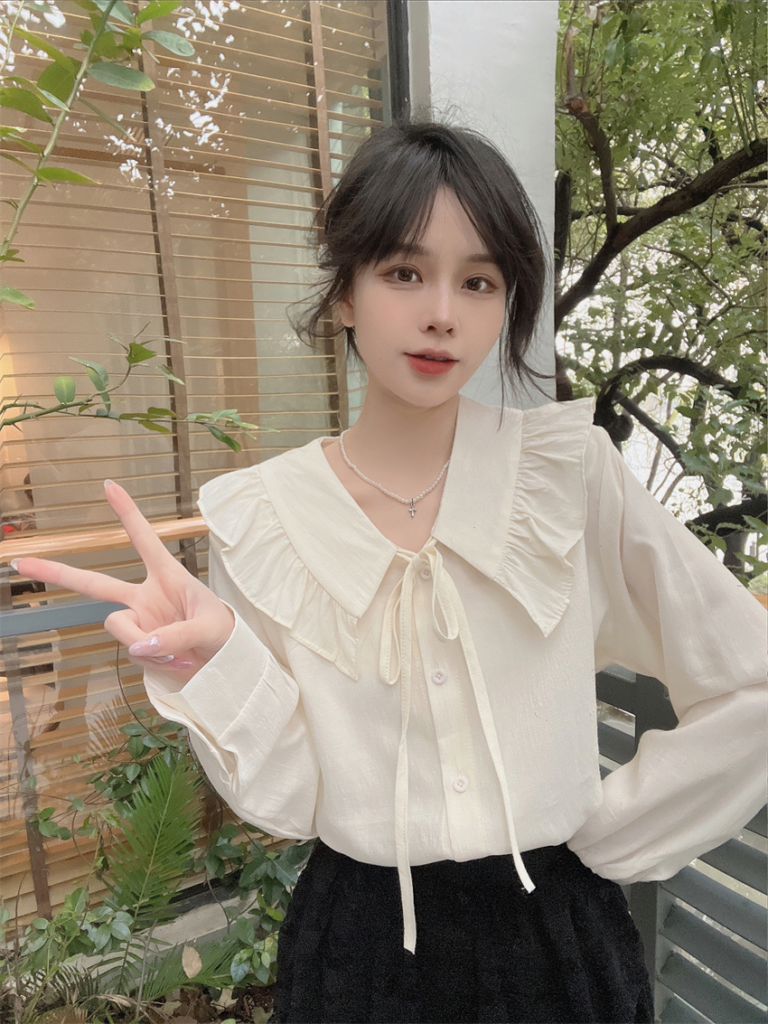實拍 2024春季新款設計感荷葉邊v領白色襯衫女小眾系帶內搭上衣女