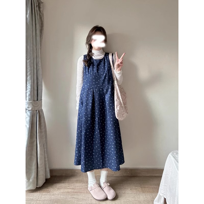 藍色碎花背帶連衣裙子女2024新款早春季套裝高級感小個子今年流行