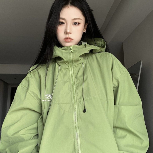 Autumn and winter American letters avocado green embroidered outdoor functional hooded jacket zipper hooded trendy brand jacket outer