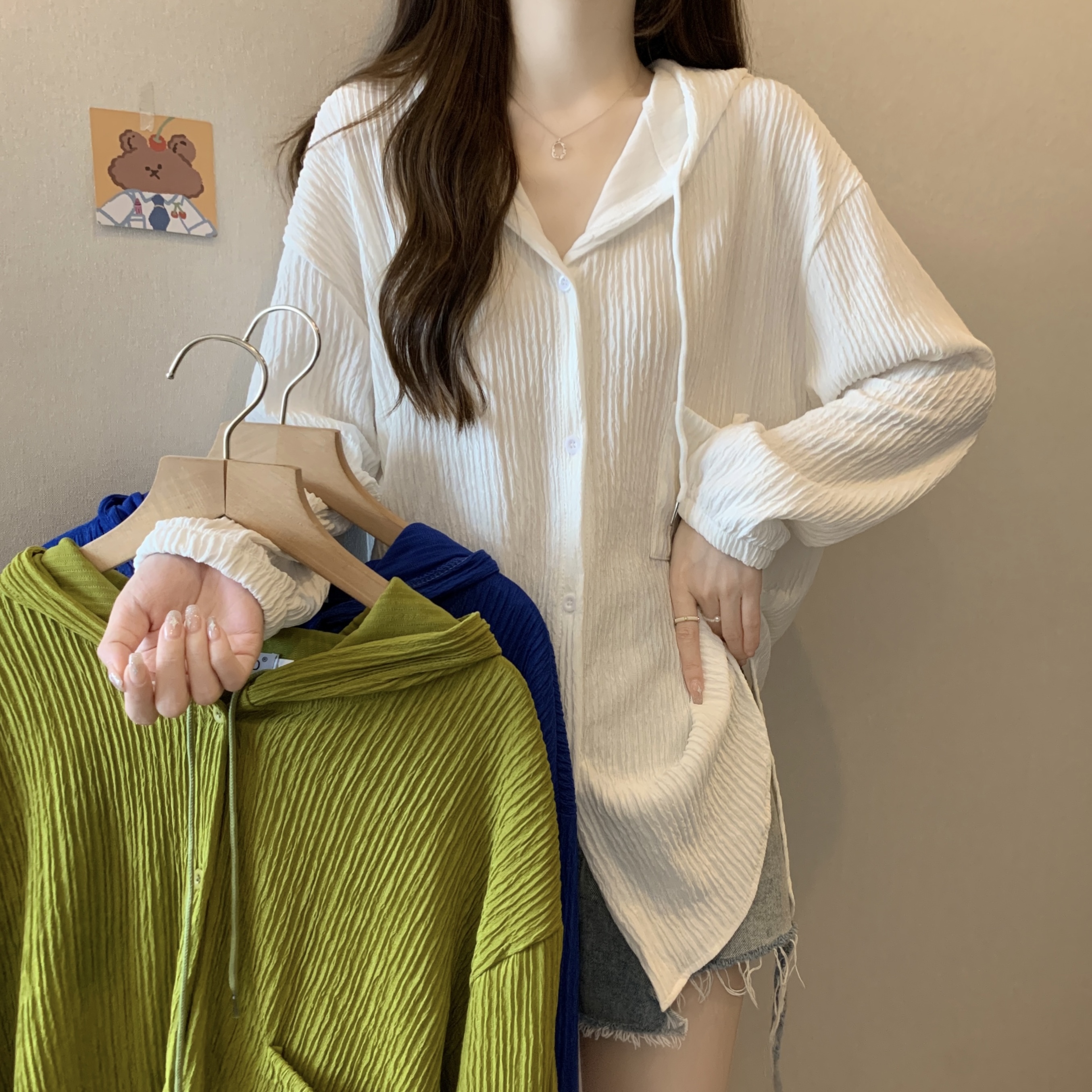 Real shot# Hooded Thin Sun Protection Clothing Women's Jacket Women's Summer Spring 2024 New Loose and Versatile Cardigan Top