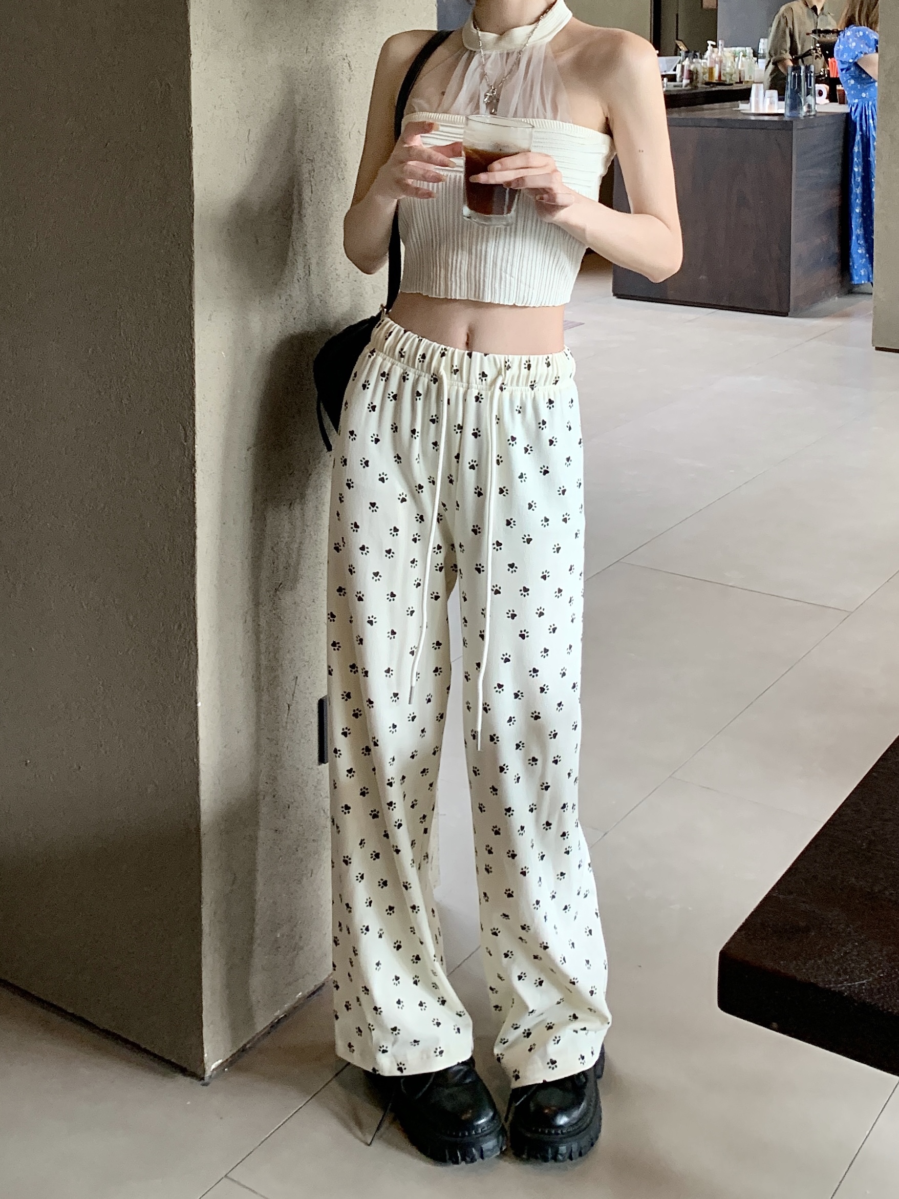 Real shot of dog footprints custom printed two-color walking pants elastic waist slimming elastic casual pants for women
