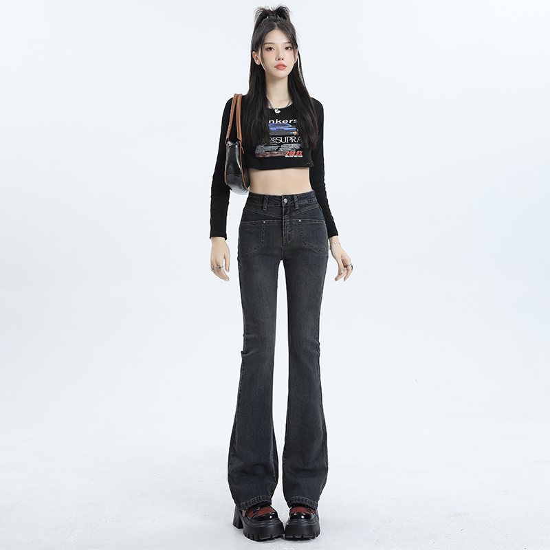 實拍2024早春時尚潮流修身微喇美式復古牛仔褲女