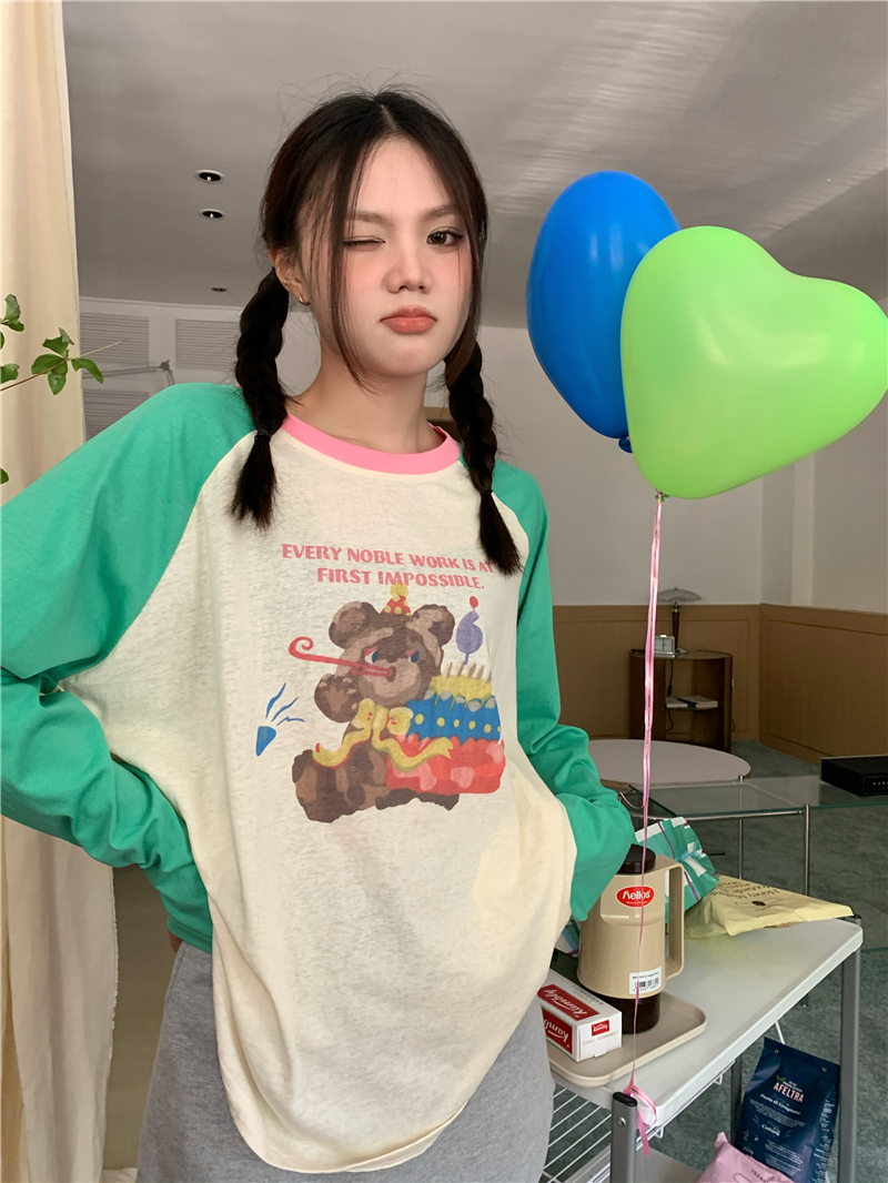 實拍 撞色卡通印花插肩長袖防曬上衣T恤