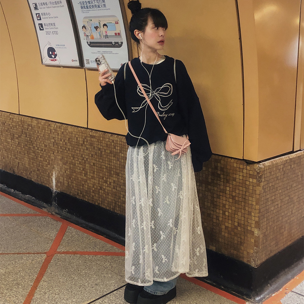 簡約 韓系疊穿 透明蝴蝶結 後背系帶連衣裙+蝴蝶結衛衣