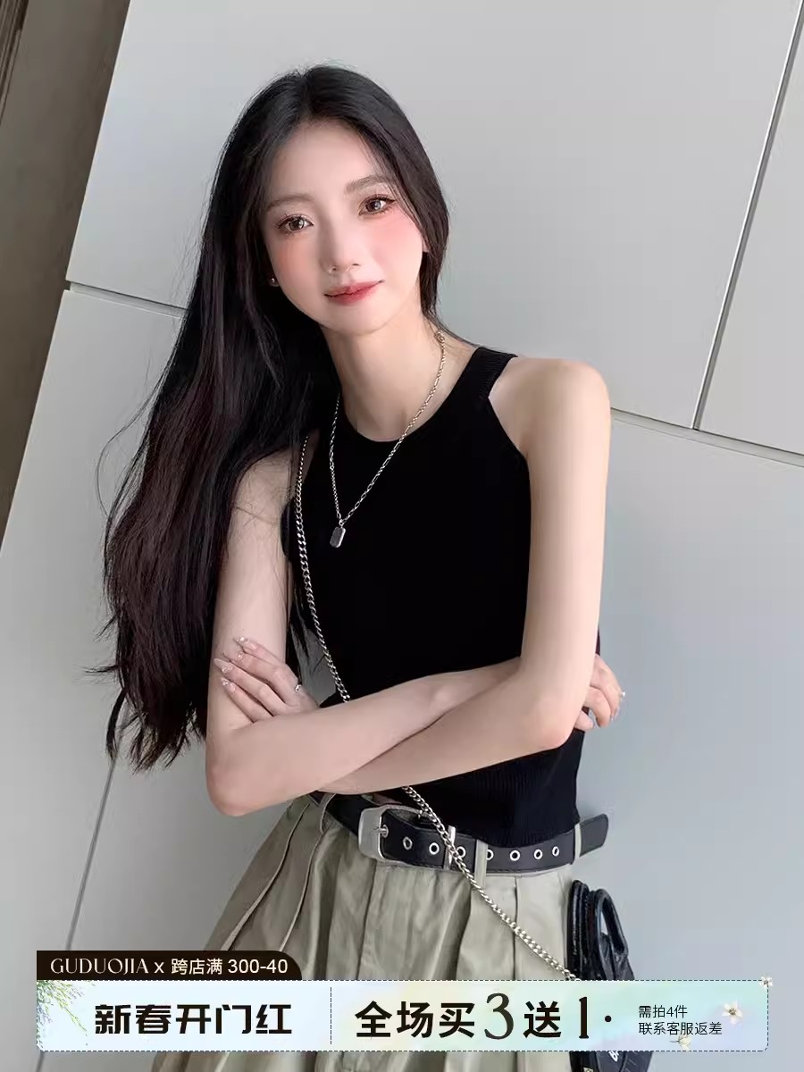 針織掛脖吊帶背心女內搭2024新款夏季外穿短款冰絲無袖上衣高級感