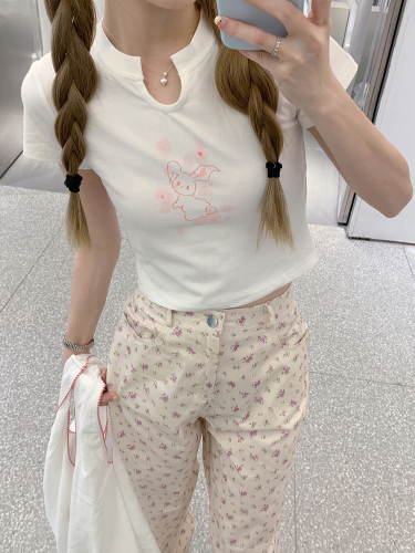Actual shot of hot girl bunny print slim fit short T-shirt