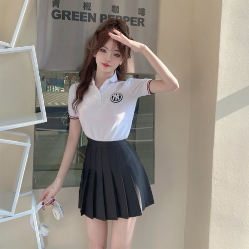 Real shot of summer fashion jk uniform work clothes college style casual polo shirt short-sleeved top pleated skirt suit
