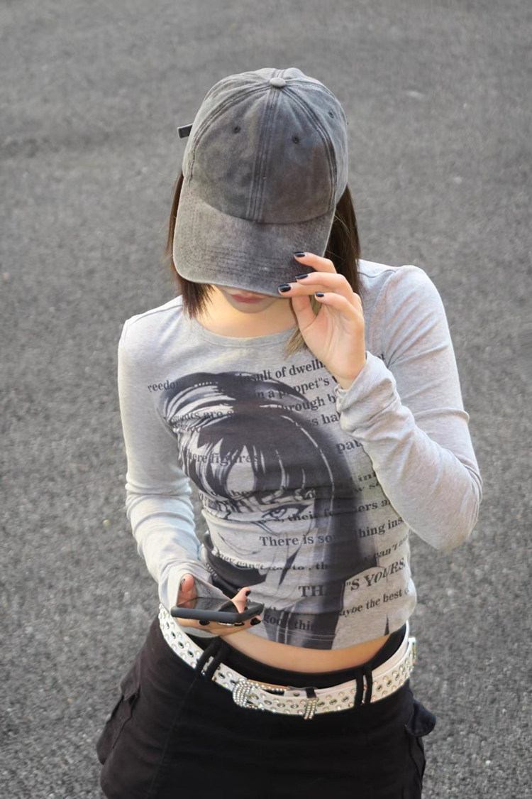 Girlyhalo美式辣妹正肩長袖t恤女秋季新款小眾印花修身顯瘦上衣