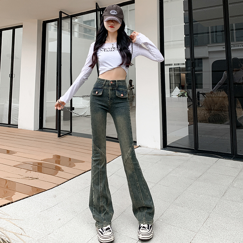 實拍2024早春時尚潮流直筒修身微喇美式復古牛仔褲女