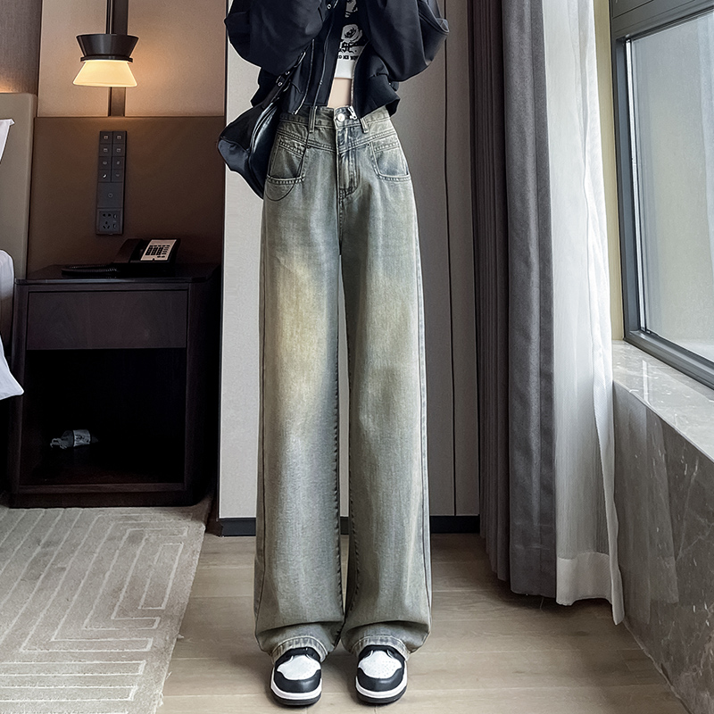 實拍2024早春時尚潮流直筒寬鬆闊腿美式復古牛仔褲女