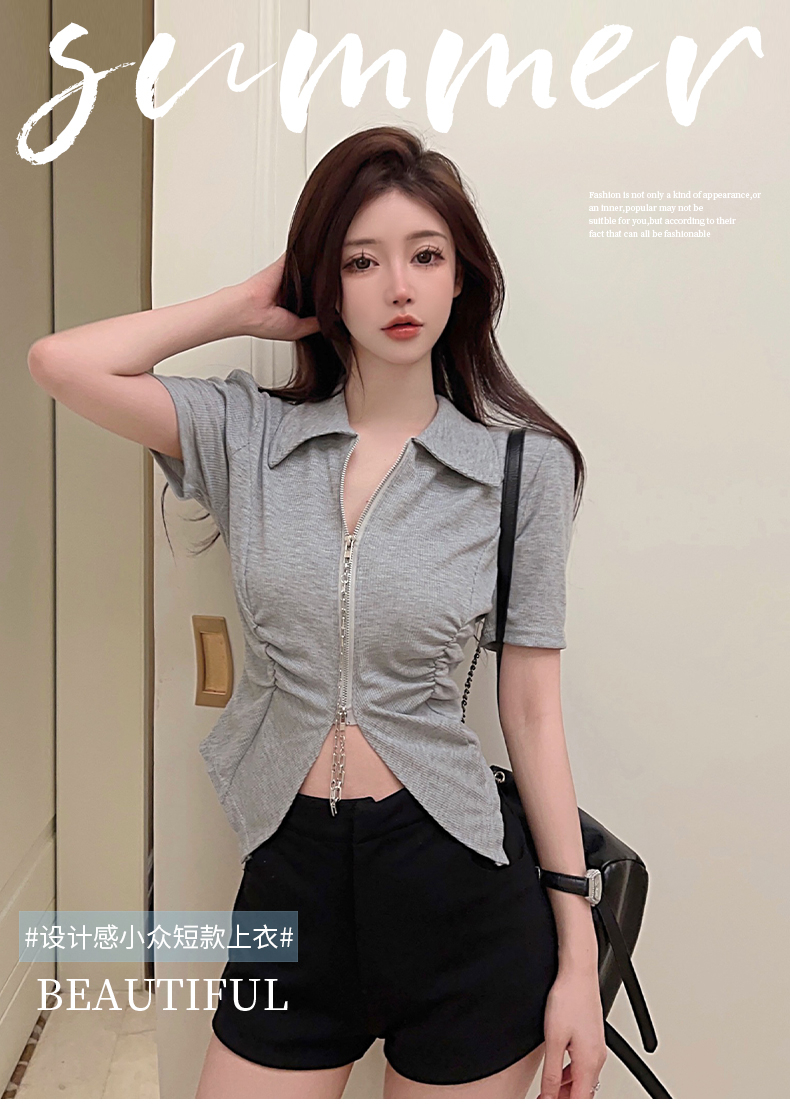 實拍夏季不規則小眾polo領短袖t恤女ins潮辣妹顯瘦短款純欲上衣
