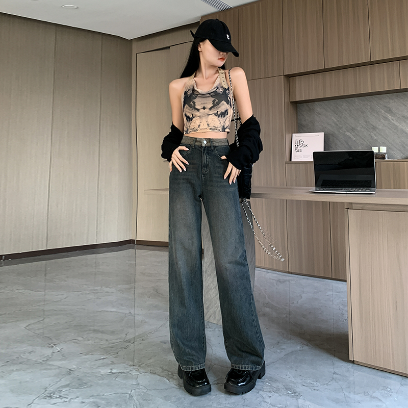 實拍2024早春時尚潮流直筒闊腿美式復古牛仔褲女
