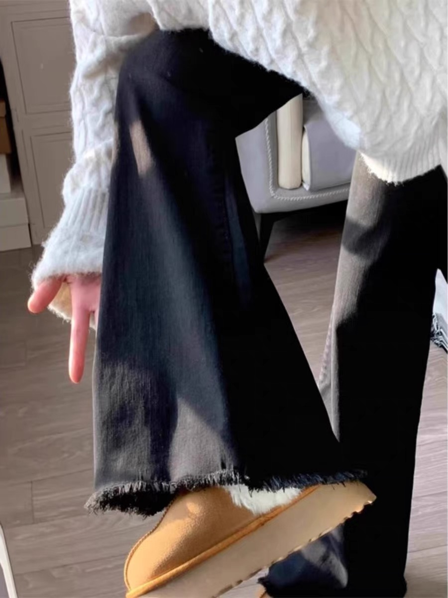 黑色微喇毛邊牛仔褲女春季新款胖妹妹mm高腰彈力顯瘦喇叭拖地褲子