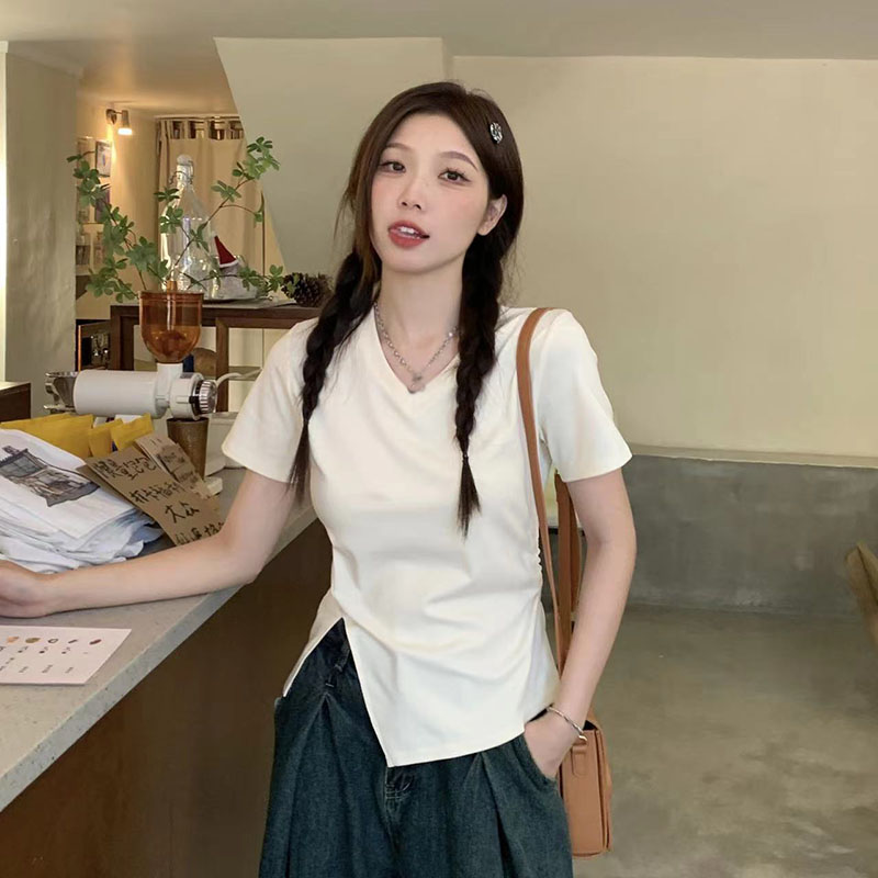 大碼設計感不規則開叉短袖T恤女夏季胖MM遮肚子顯瘦白色正肩上衣