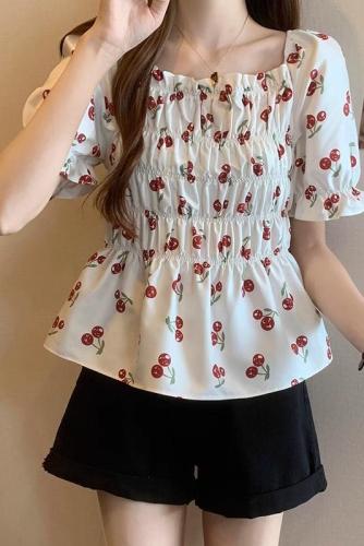 Plus size women's fashionable summer new style fat girl versatile quality age-reducing top pleated puff sleeves square collar chiffon shirt