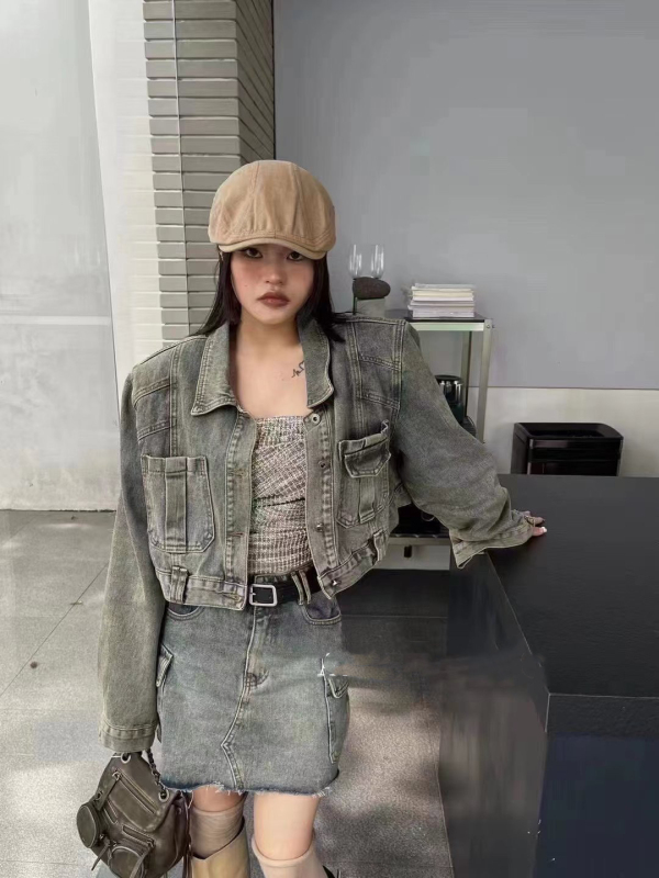 廢土風墊肩牛仔外套高腰工裝半身裙兩件套女秋復古藍色時尚套裝女