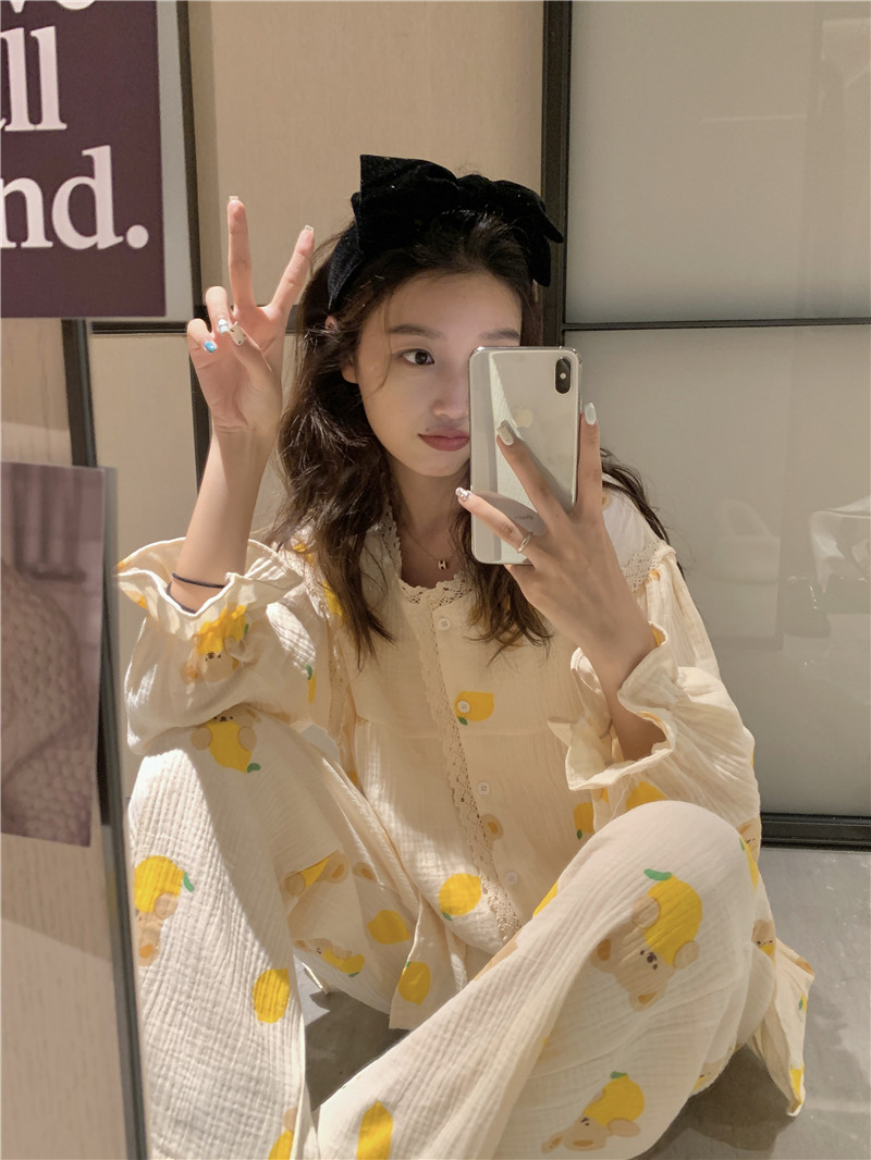 實拍韓版甜美花邊卡通寬鬆舒適軟棉親膚雙紗外穿秋季家居服套