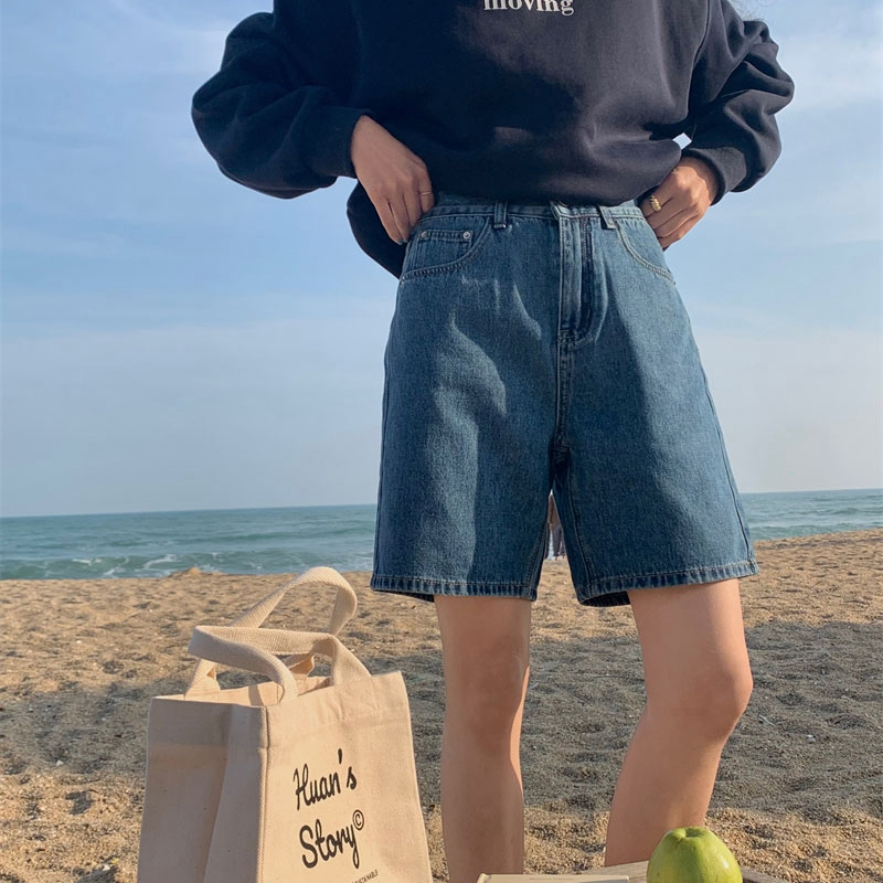 復古bf風牛仔五分短褲女夏高腰寬鬆顯瘦直筒大碼闊腿學生騎行中褲