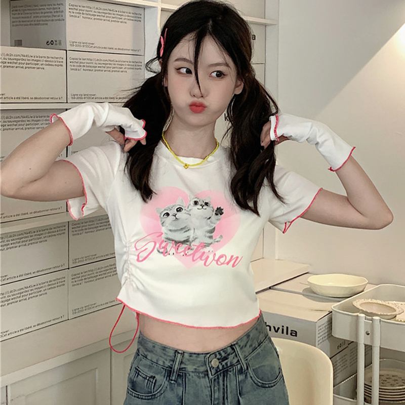 Already shipped sweet and spicy cat print round neck short-sleeved T-shirt sweet summer pullover animal regular casual