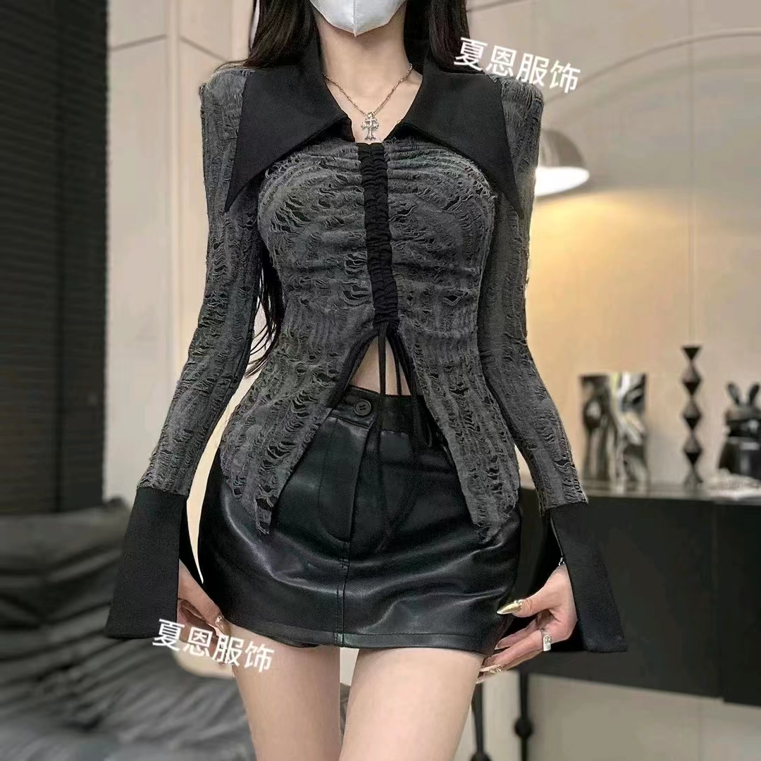 琪琪推薦早春辣妹風撞色不規則開叉抽繩T恤顯瘦收腰上衣66419