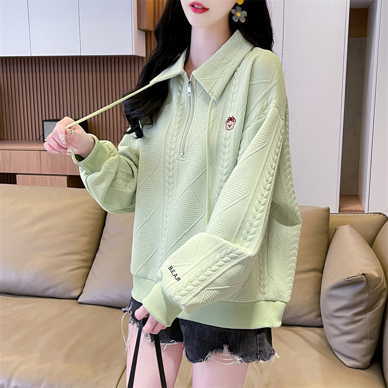 實拍 polo領提花衛衣女新款春秋季洋氣減齡寬鬆設計感上衣潮