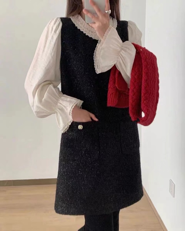 十三行春季新款高端圓領釘珠假兩件亮片寬鬆顯瘦小黑色連衣裙女裝