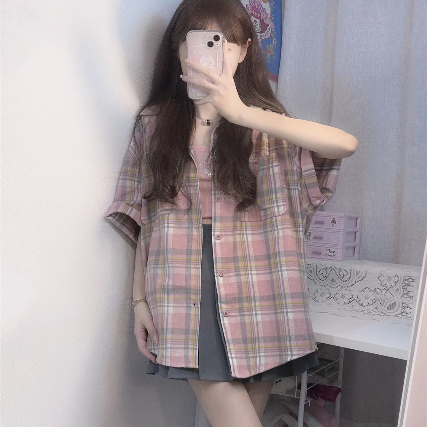 春夏季新款日系復古撞色格子短袖襯衫女韓版寬鬆休閒百搭開衫上衣