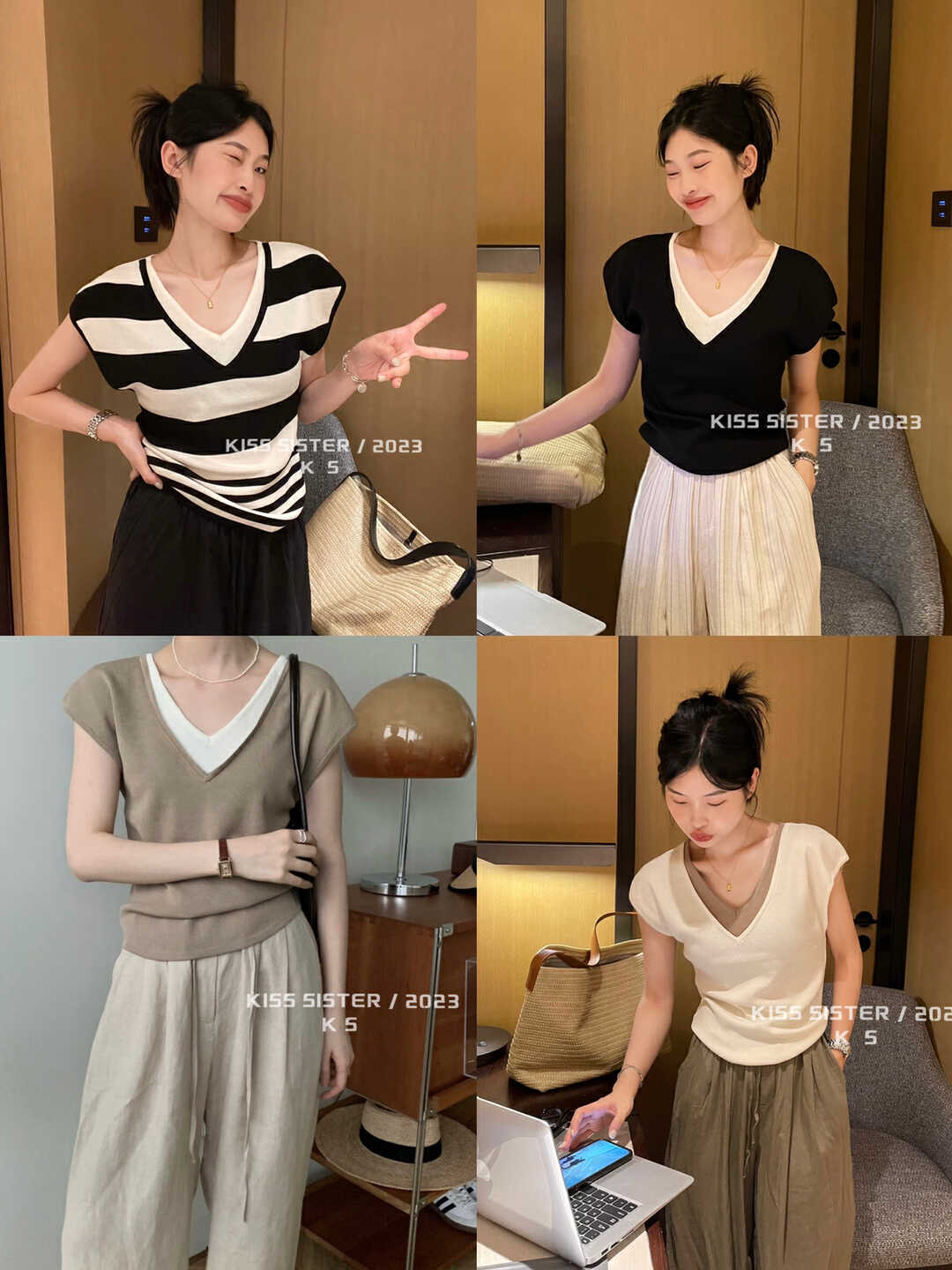 設計感假兩件條紋v領短袖t恤女夏季高級感飛飛袖修身別致正肩上衣