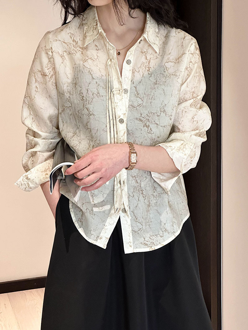 Real shot ~ 2024 spring new shirt women's Korean retro loose ink print design top