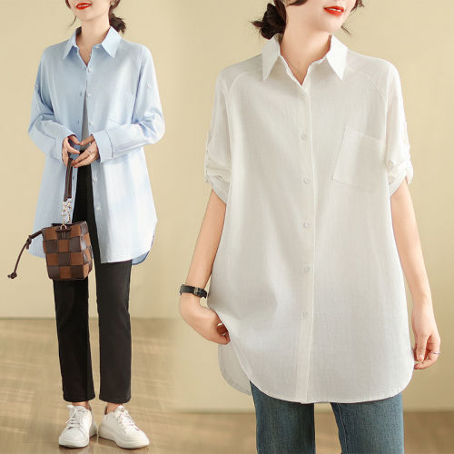 2024 spring new style real shot loose plus size women's long cotton and linen texture dress shirt M-4XL 200 pounds