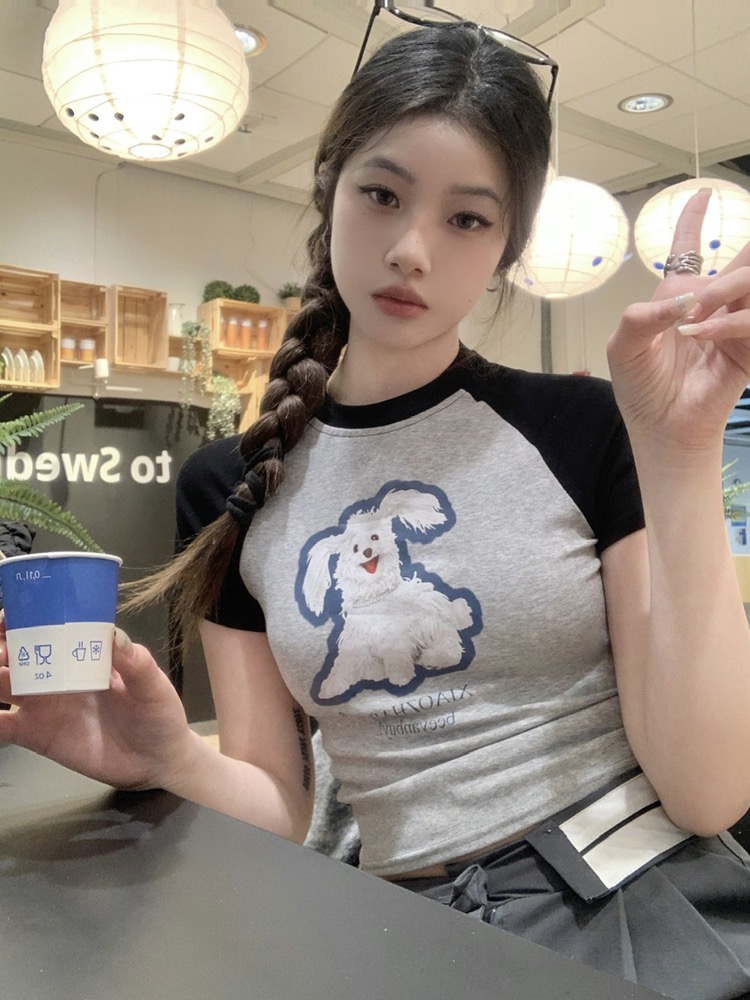 已出貨 韓系學院風插肩袖夏季辣妹短款印花T恤修身顯瘦短款上衣