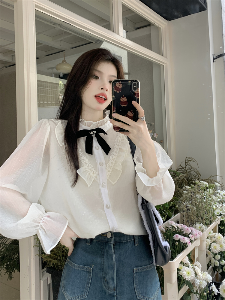 Real shot 2024 spring new lotus leaf collar long-sleeved shirt women's bow-knot temperament cardigan chiffon shirt top