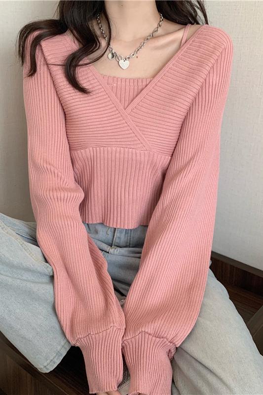 秋季韓版新款設計感法式小眾收腰顯瘦假兩件露肩長袖針織衫女
