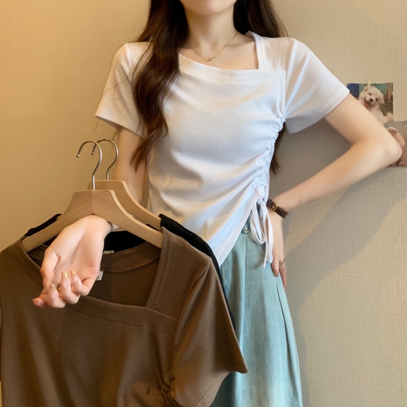 實拍  40支純棉 2024夏裝 弧形下擺法短款修身T恤女辣妹