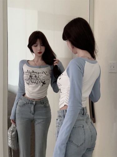 Actual shot - new early autumn color-blocked age-reducing sweet hottie pleated tight short T-shirt top trendy