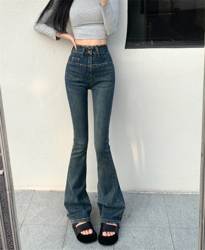 實拍 毛邊春夏腰帶設計顯瘦彈力高腰復古微喇牛仔褲女