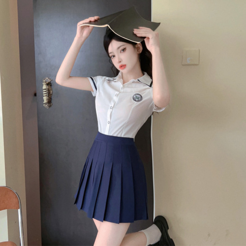 Real shot college style jk suit uniform technician work clothes western style age reducing slim pleated skirt shirt two piece set