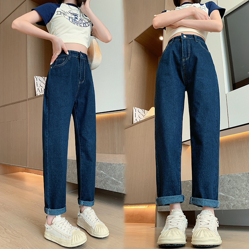 實拍大碼女裝2024春季新款高腰煙管牛仔褲顯瘦直筒寬鬆老爹哈倫褲