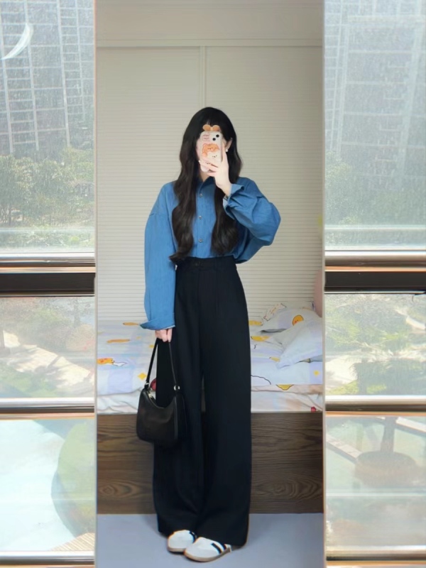 2024早春季新款女裝藍色長袖牛仔襯衫設計感小眾闊腿褲兩件套裝