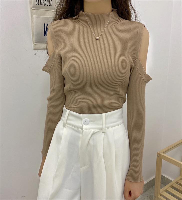 秋季新款小高領露手臂套頭長袖針織衫女