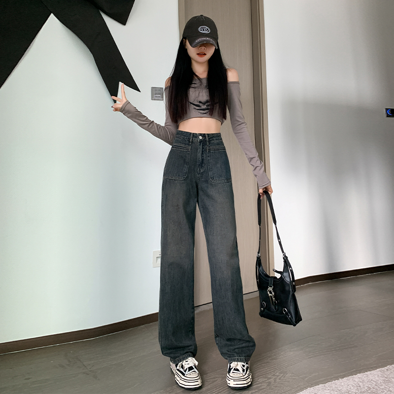 實拍2024早春時尚潮流直筒闊腿美式復古牛仔褲女