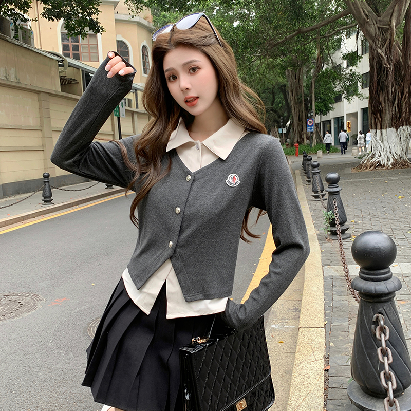 Fake two-piece cardigan shirt plus size women's college style age-reducing shirt casual shirt collar badge shirt
