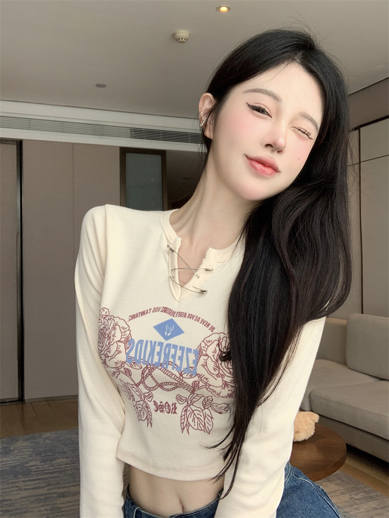 已出貨 美式復古辣妹印花修身長袖T恤秋季春秋半開領落肩袖套頭
